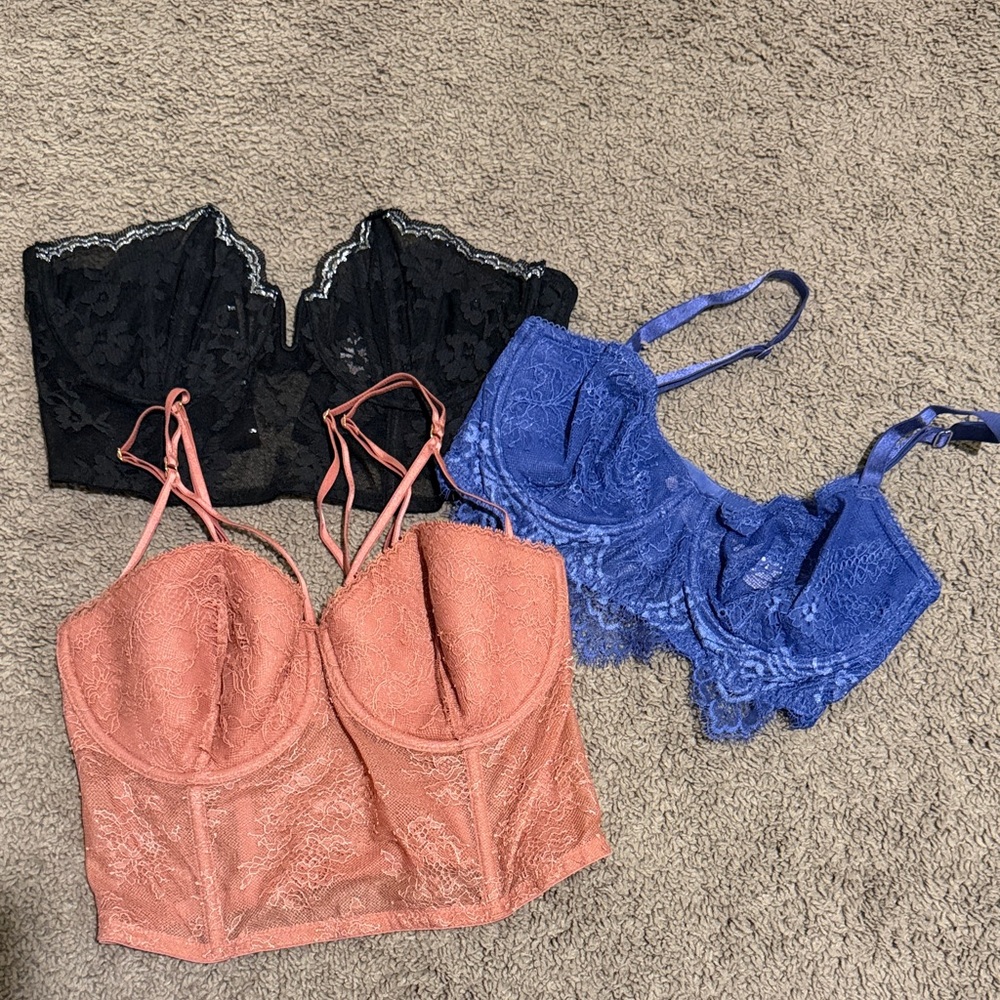 Victoria's Secret Lace Bralette Trio - Black, Blue, and Pink